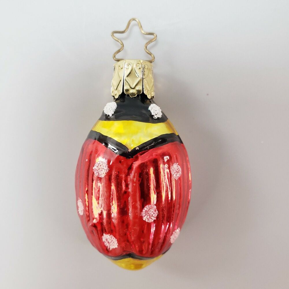 Vtg Lady Bug Ornament Blown Glass White Mica Glitter Red MCM Christmas Germany